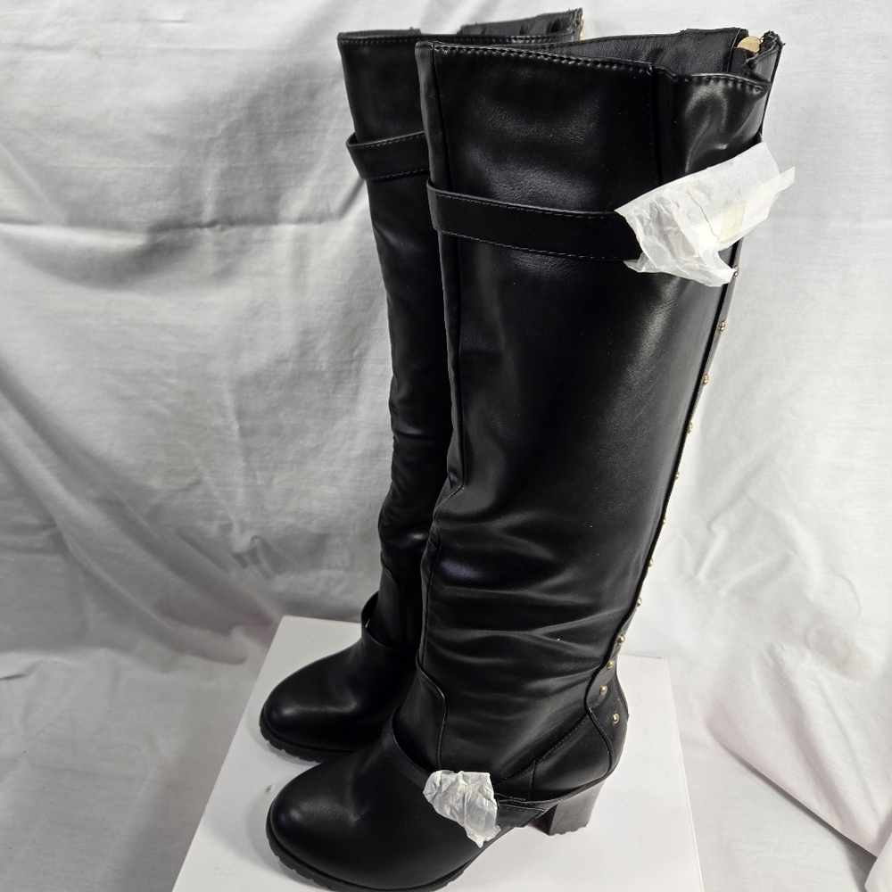 Just Fab Boots Women's 9 Black Rear Zipper Chunky 3.5 Heel Thigh High w/ Buckle